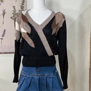 Vintage 80s 90s Black Beaded Sequin Faux Wrap Pullover Sweater Retro Grandma S